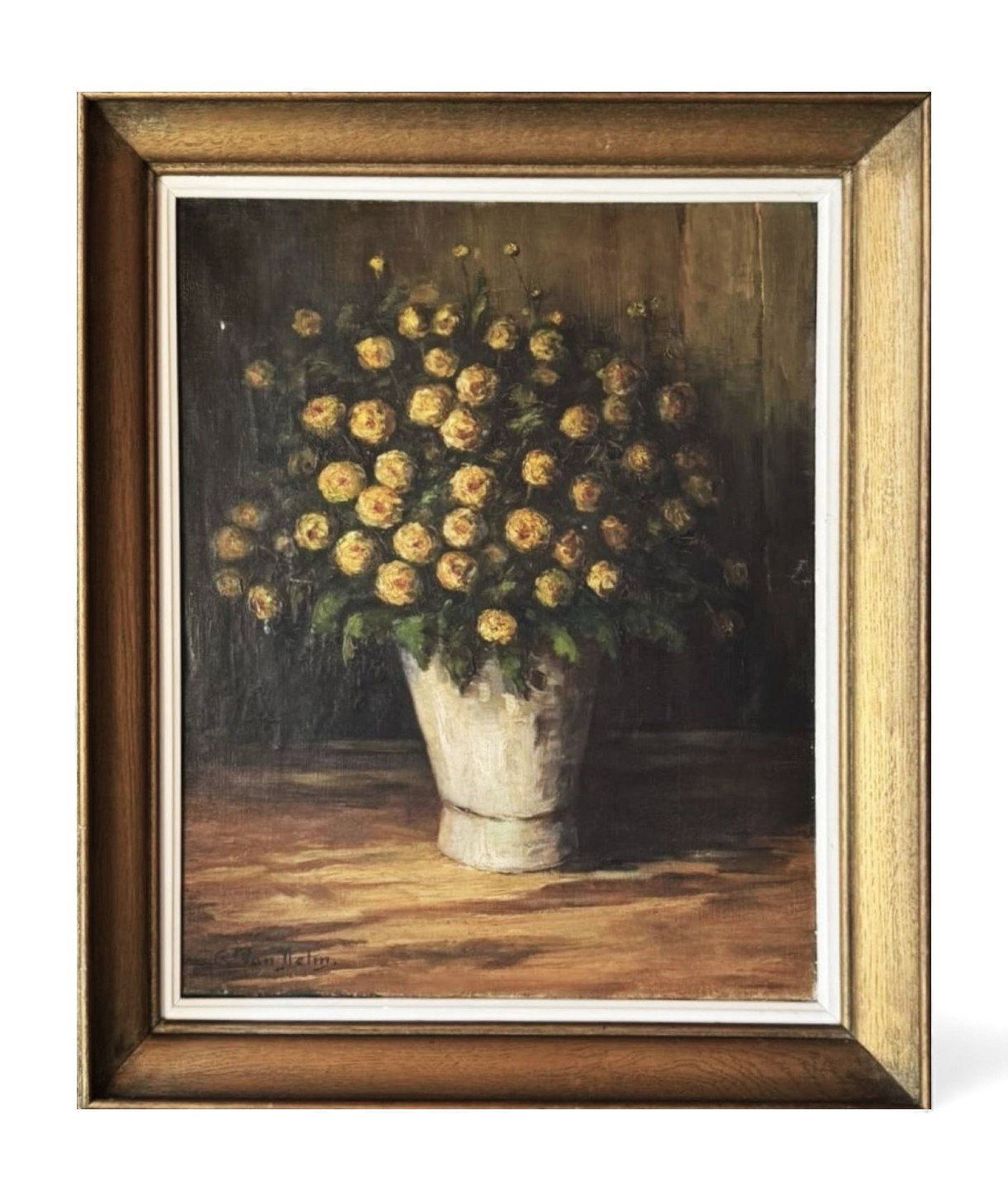 Vintage Floral Still Life Painting Yellow Roses • Karel Van Delm 
